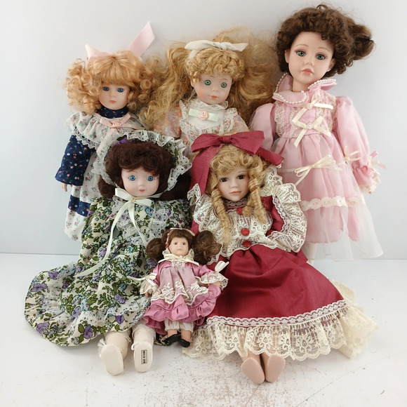 Vintage Porcelain Doll Lot of 6 Victorian Style Girls Curly Hair Dresses 12-18” - Picture 1 of 16